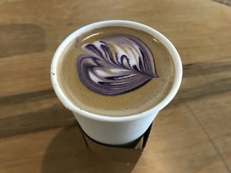 The taro-ube latte from Alii Coffee Co. in Downtown Honolulu.