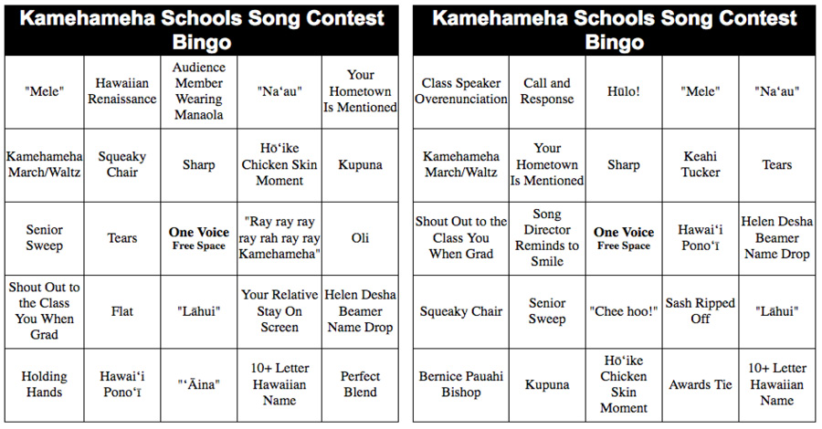 kamehameha schools song contest bingo