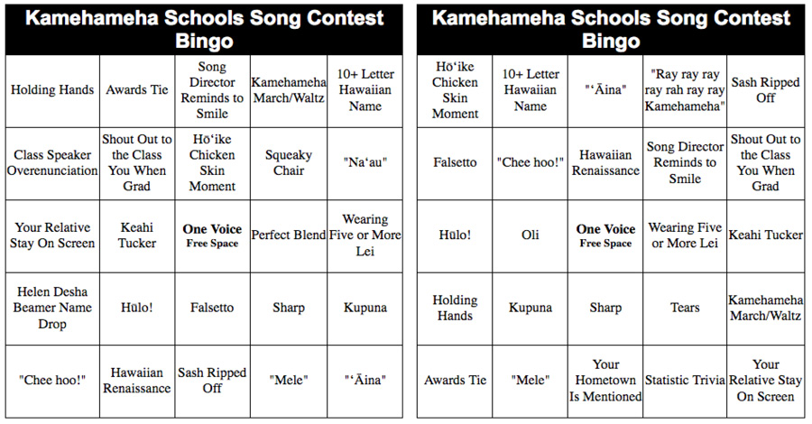 kamehameha schools song contest bingo