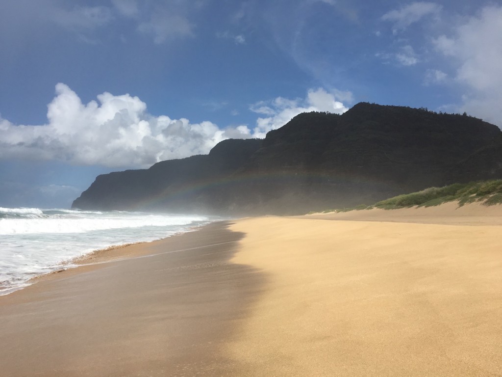 Rainbow At Polihale During Fall On Kauai Island, Hawaii.