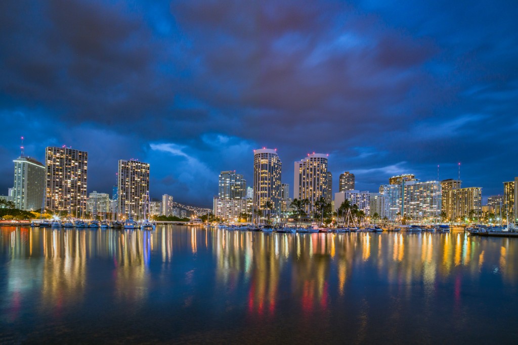 Honolulu Skyline At Night Ala Wai Waikiki Oahu Hawaii