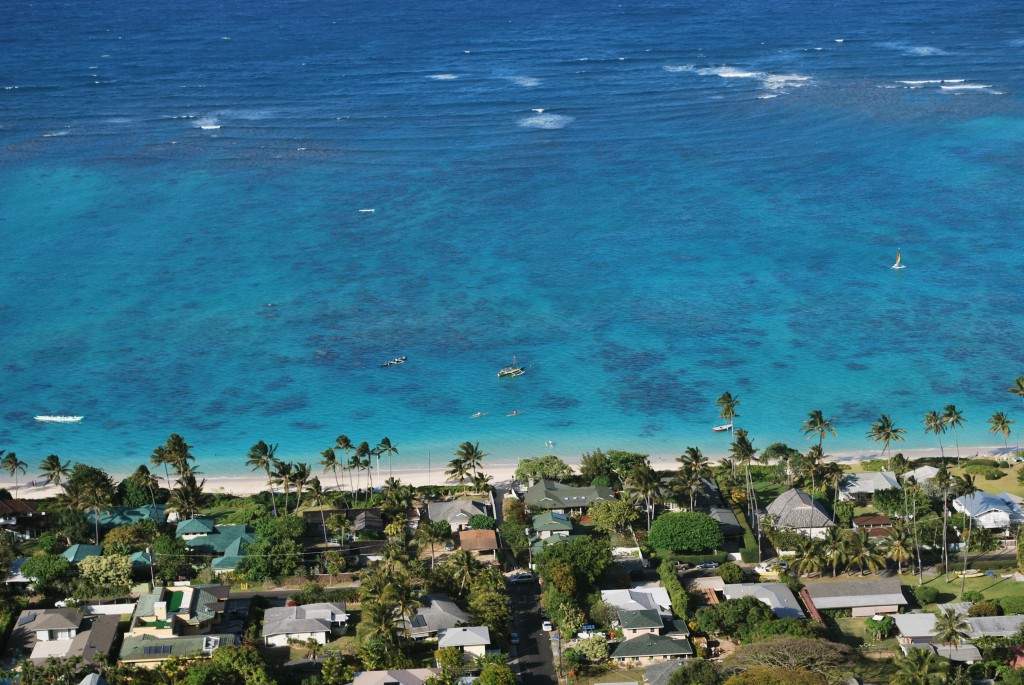 Aerial View Of Lanikai Bay Residential Area, Oahu, Hawaii.