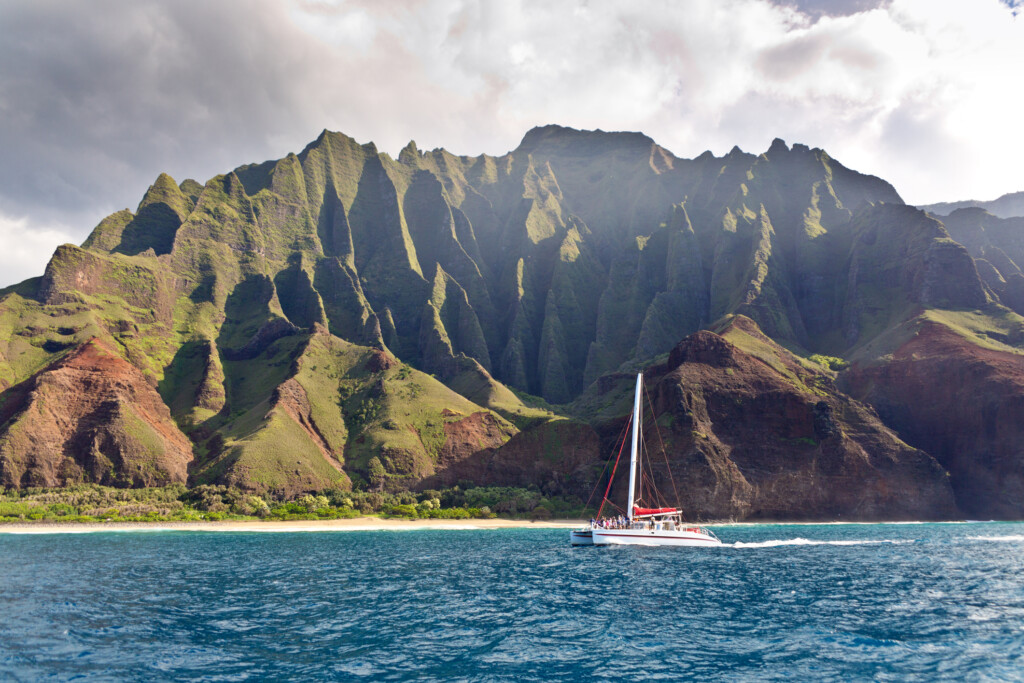 Boat Tour On Scenic Landscape Of Na Pali Coast Of Kauai, Hawaii