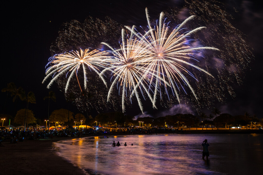 Fireworks In The Night Sky Over Honolulu, Hawaii