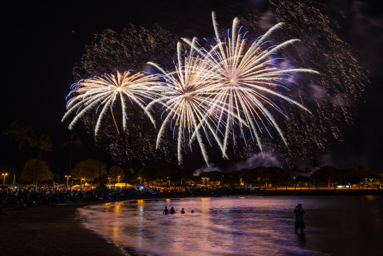 Fireworks In The Night Sky Over Honolulu, Hawaii