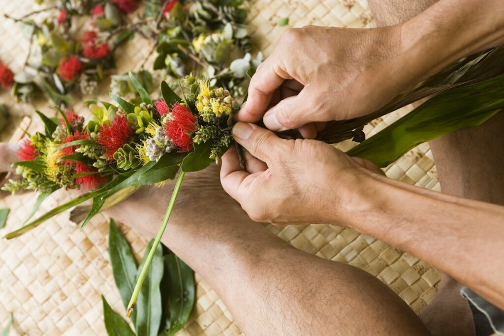 Master Lei Maker, Kilohana Domingo Making A Braided Lei Of Lehua Flowers At Kalaelilohana Bed And Breakfast, Ka'u.